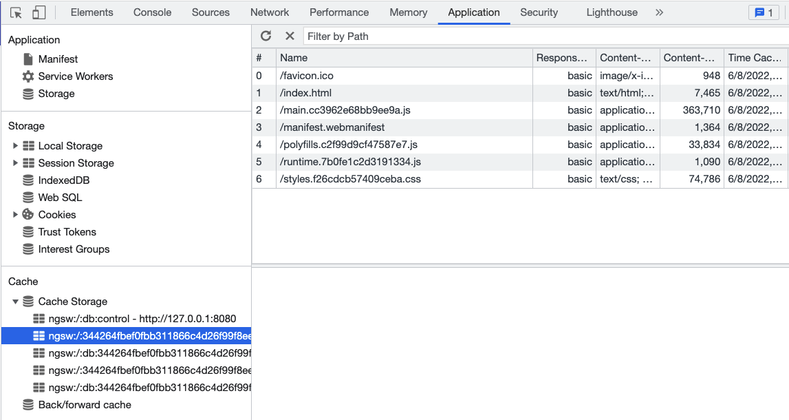 Dev tools opened to view cache storage