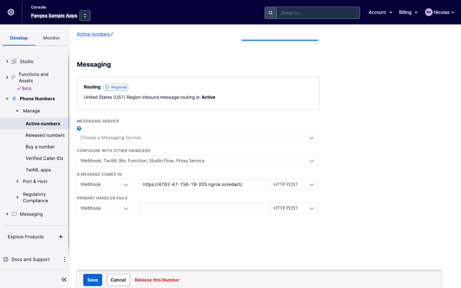 Configure a phone numbers webhooks page in the Twilio console