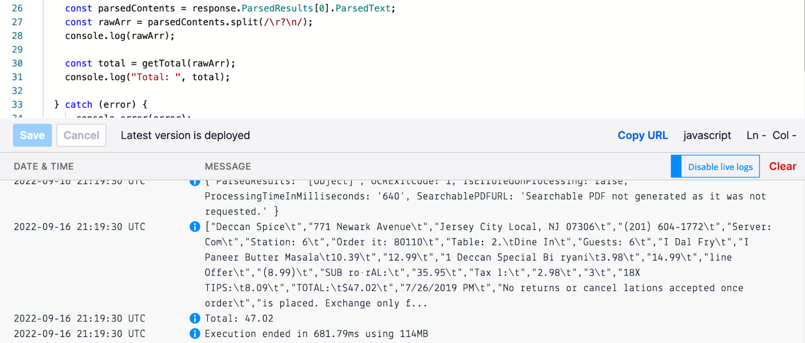 Results from the parser function