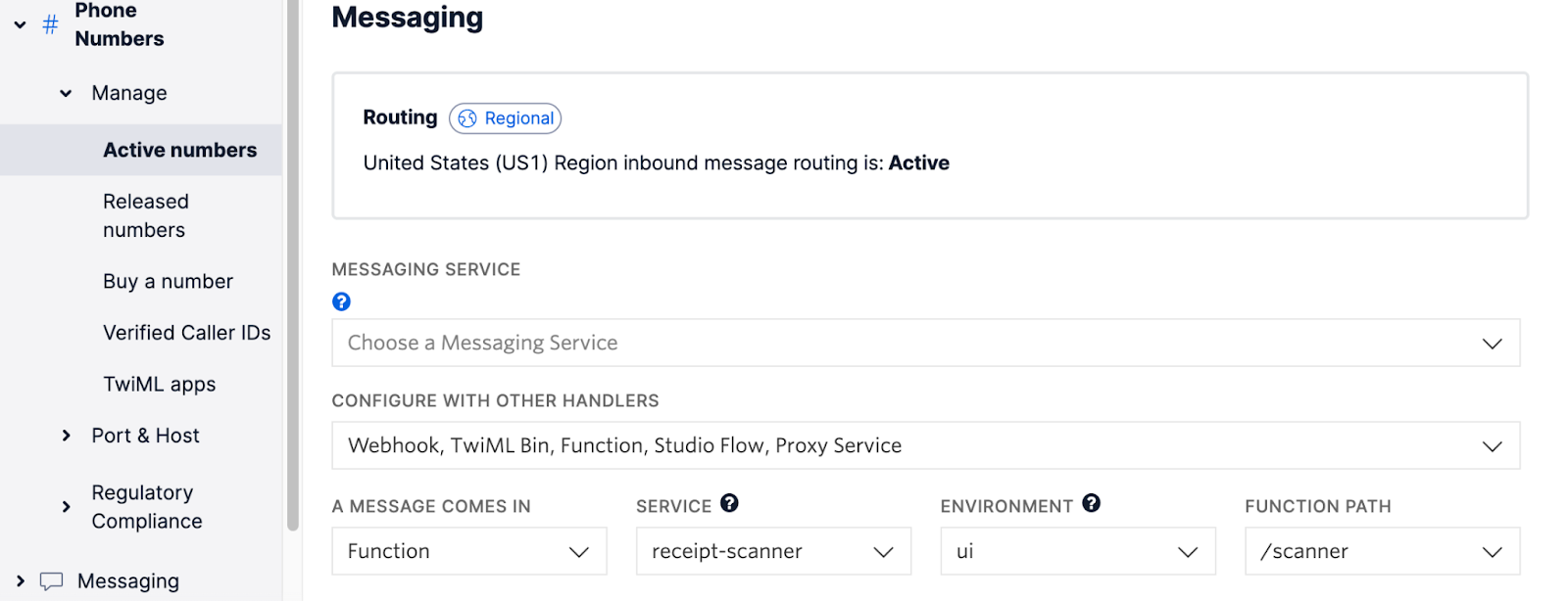 Configuring your twilio number to point to the scanner function