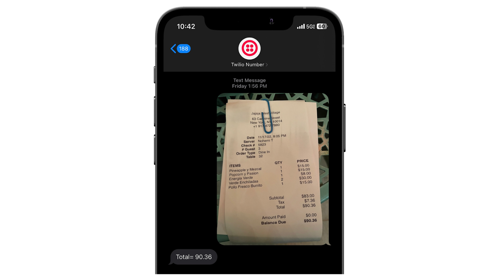 Screenshot of twilio number responding back to MMS with total price of receipt