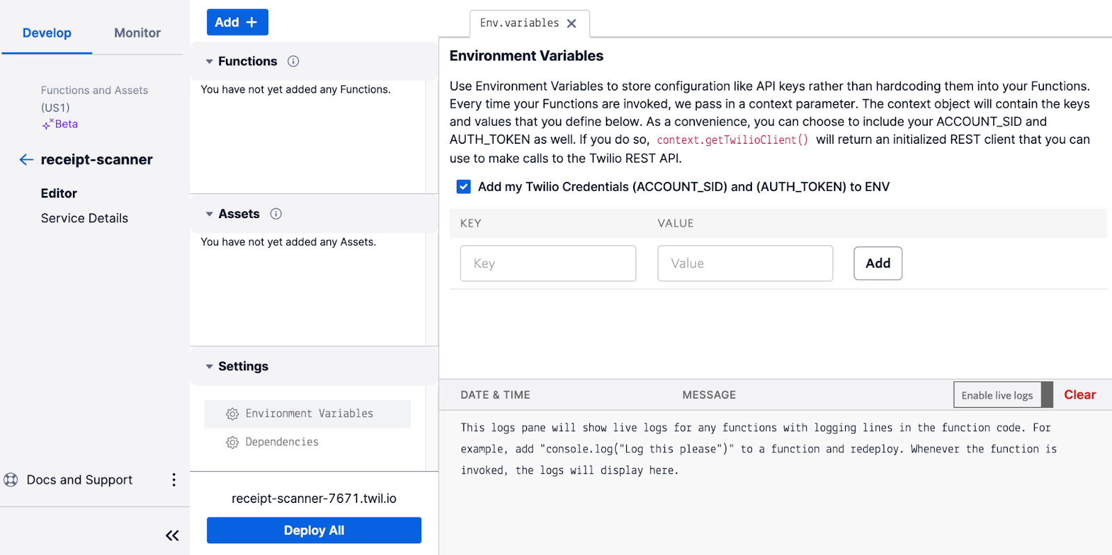 Setting environment variables in the twilio functions environment