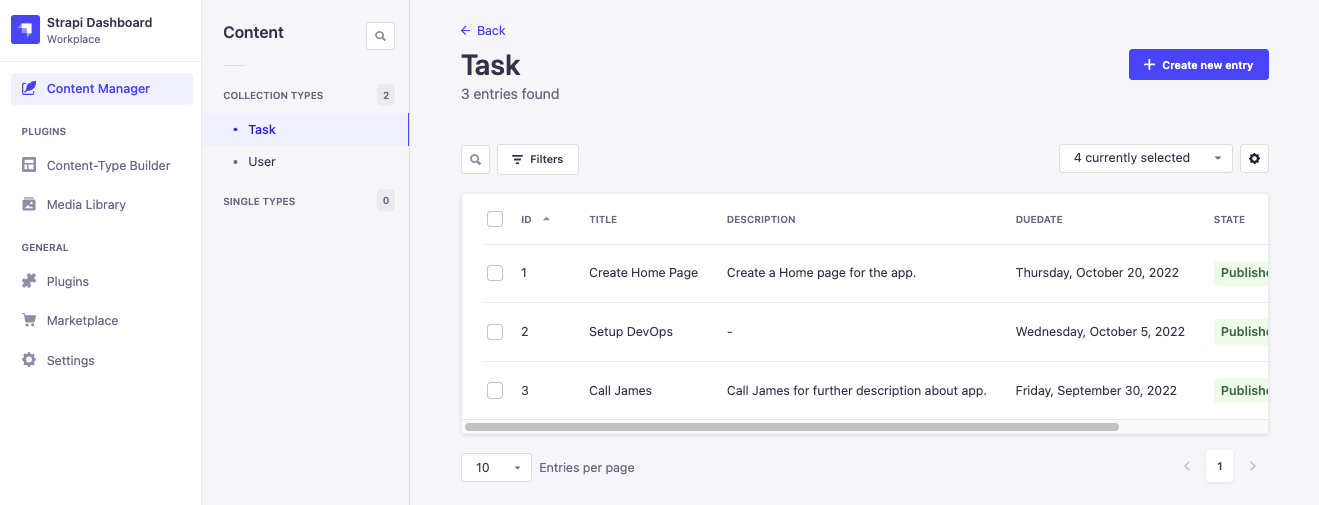 Data for Task collection type