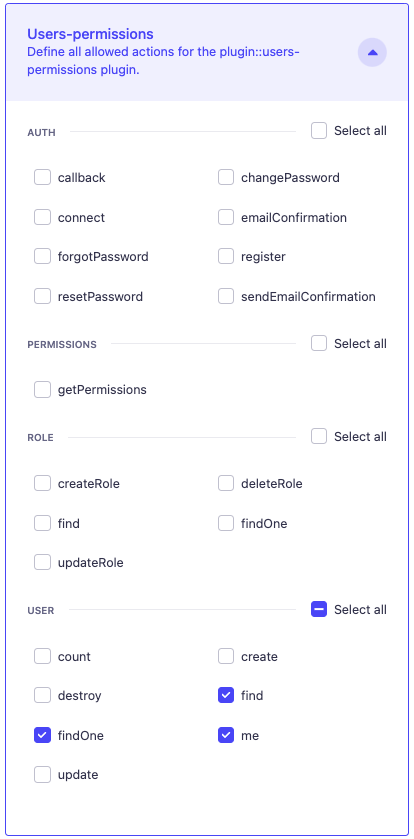 Permissions for User collection type for Authenticated role