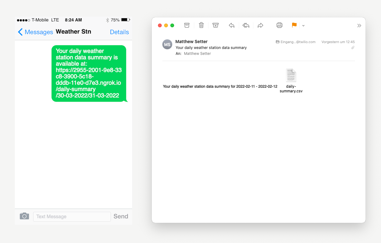 Mock-up of daily status notification SMS and email with the weather station data attached as a CSV file.