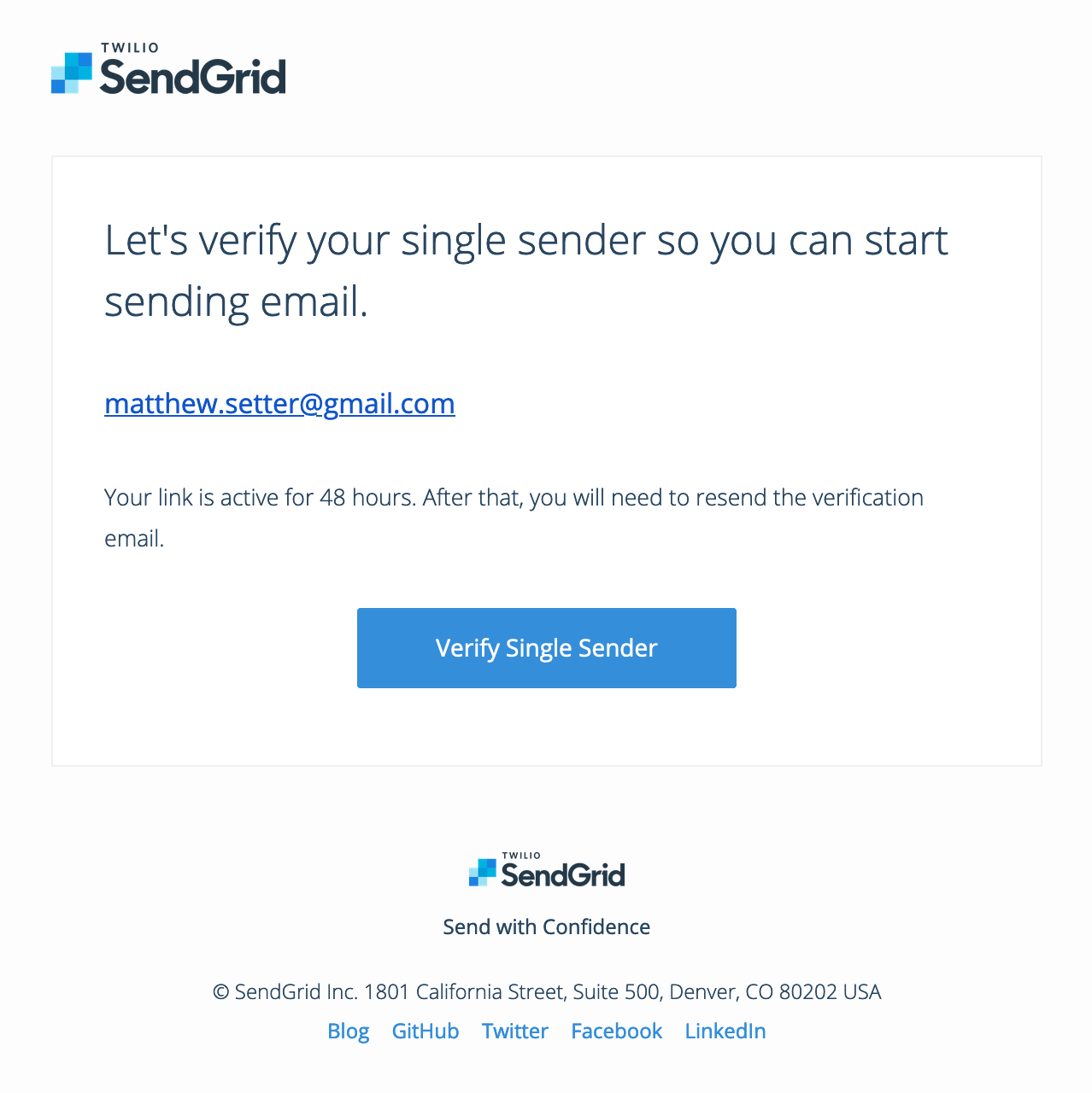 Verify a single SendGrid sender