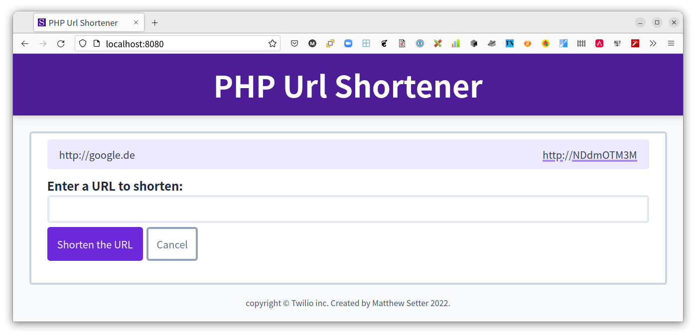The PHP URL shortener after a URL has been shortened.