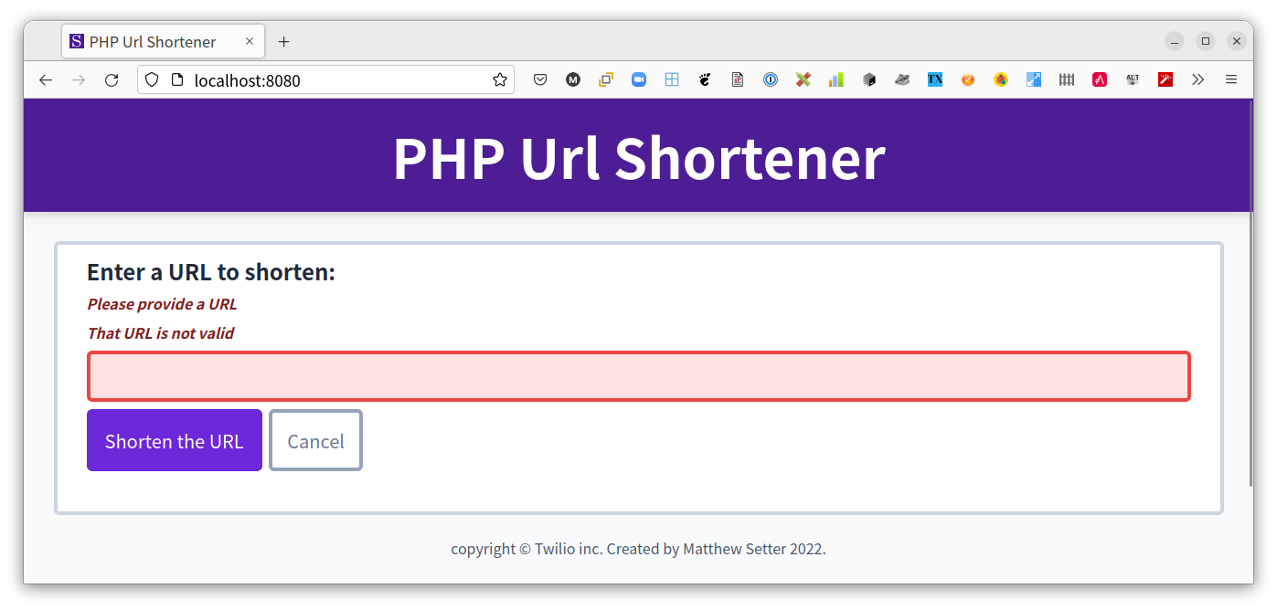 The PHP URL Shortener when an error has occured.