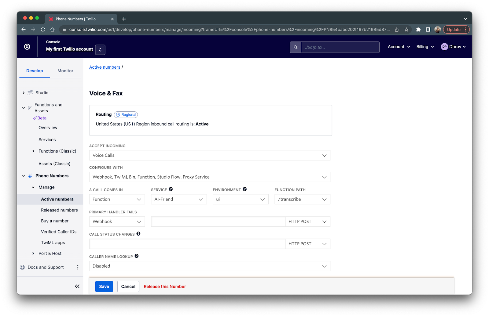 Voice and fax settings of twilio number