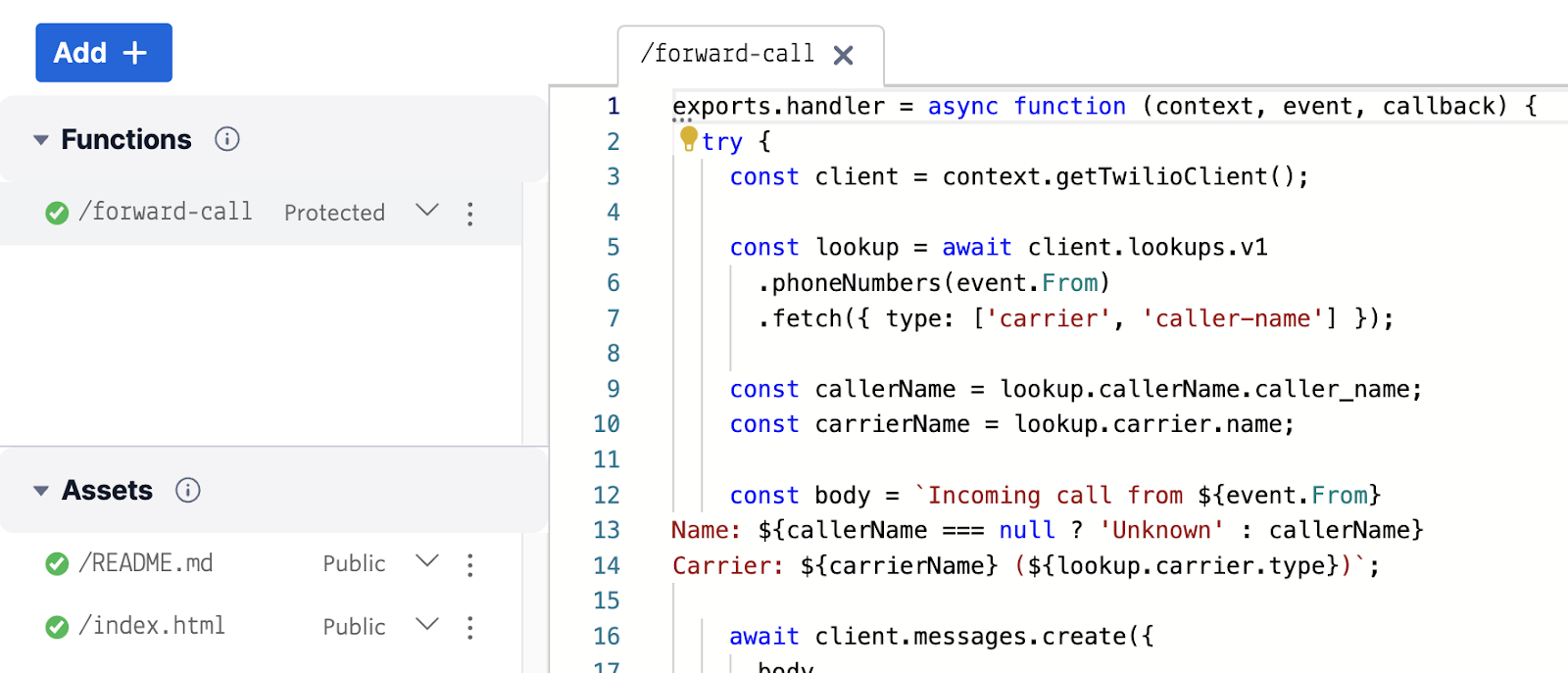 Screen shot of Twilio Functions console showing forward call function text