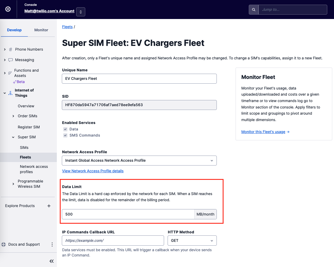 Editable Super SIM Fleet Data Limit Console JP