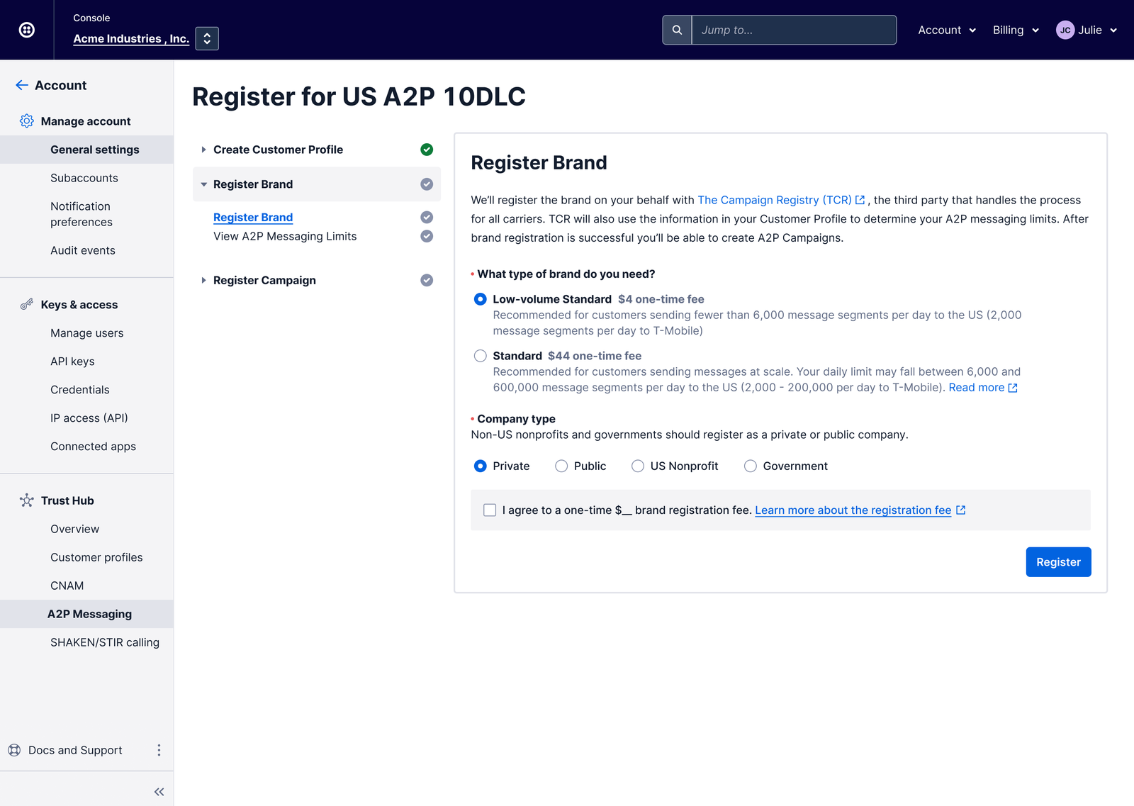 US A2P 10DLC New Low Volume Brand Reg JP