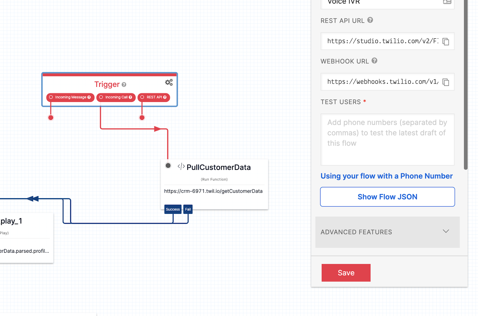 "Show flow JSON" screen