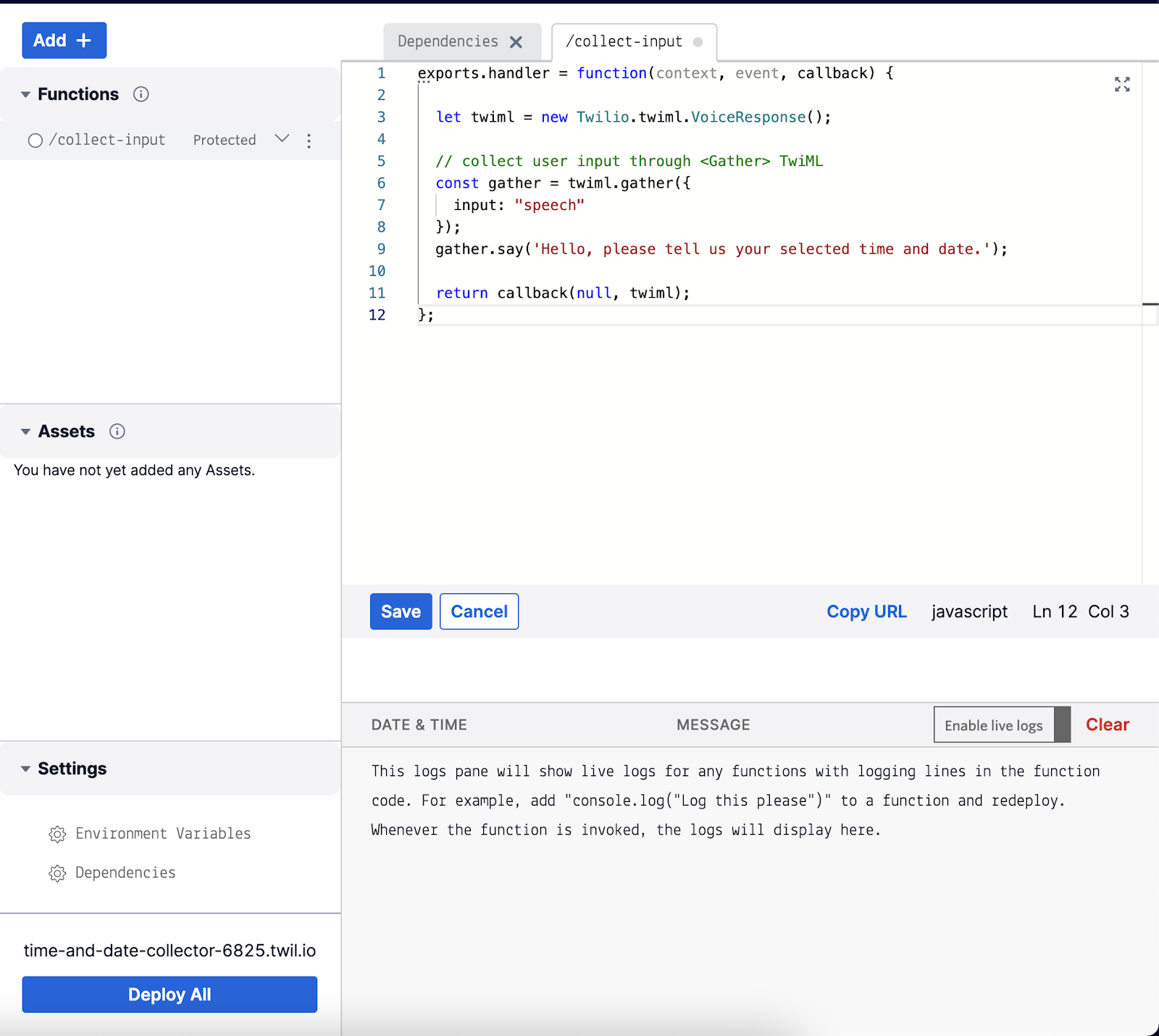 The TwiML code in the Function editor