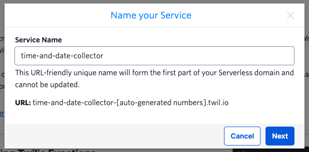 Screenshot of the name your service popup