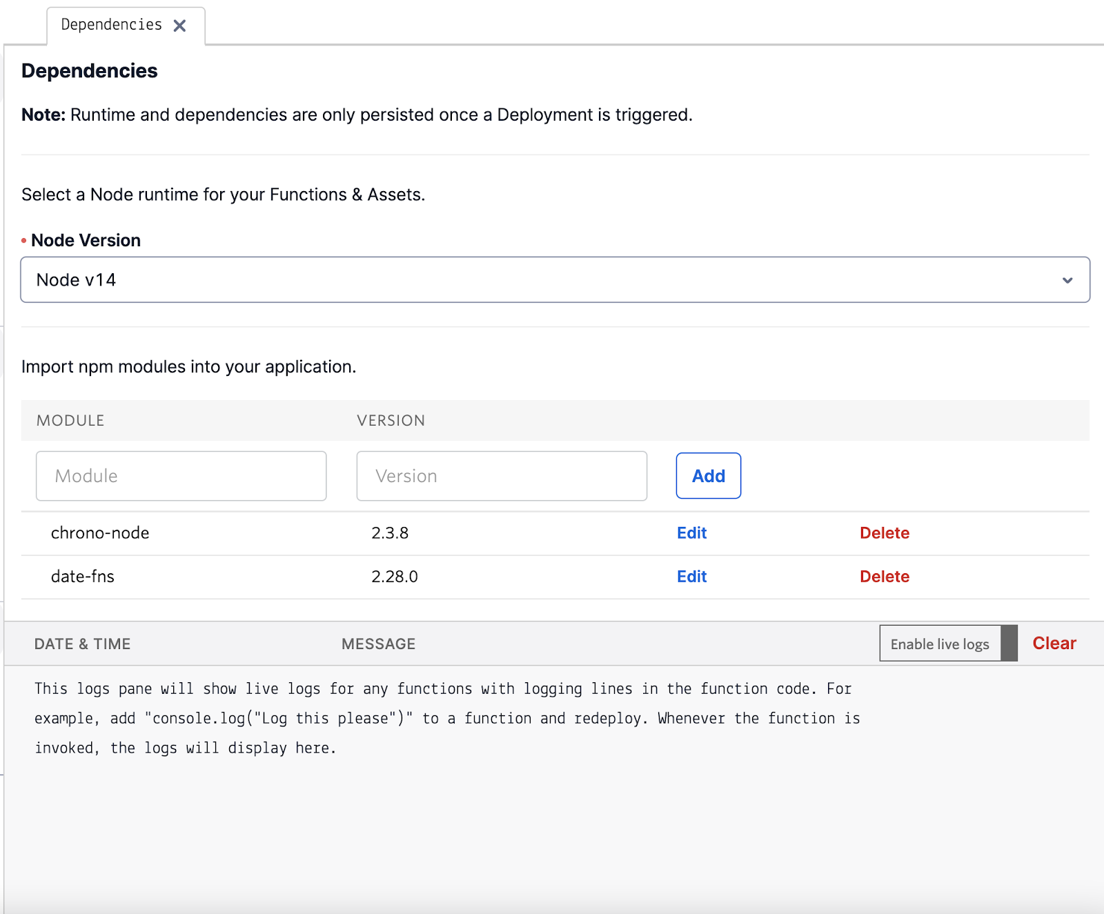 Dependencies of the Functions editor