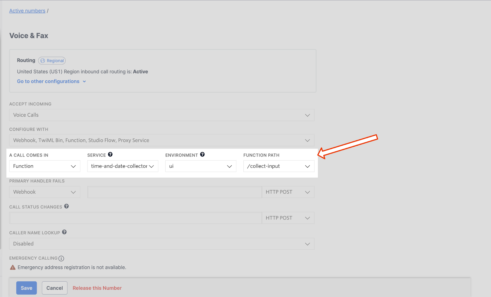 Configuration of the phone number to handle calls via the created function