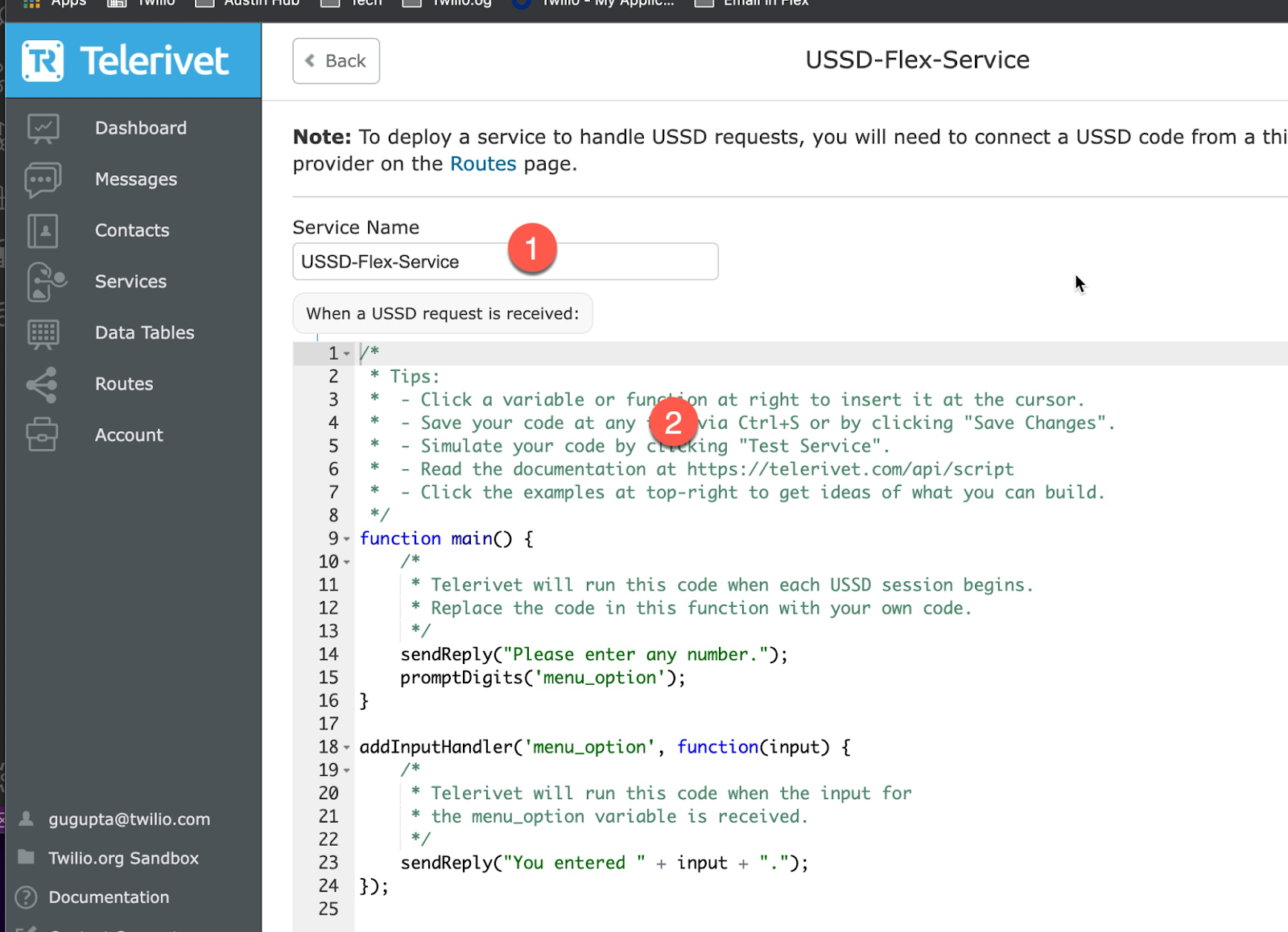 The Telerivet USSD Service overview and code