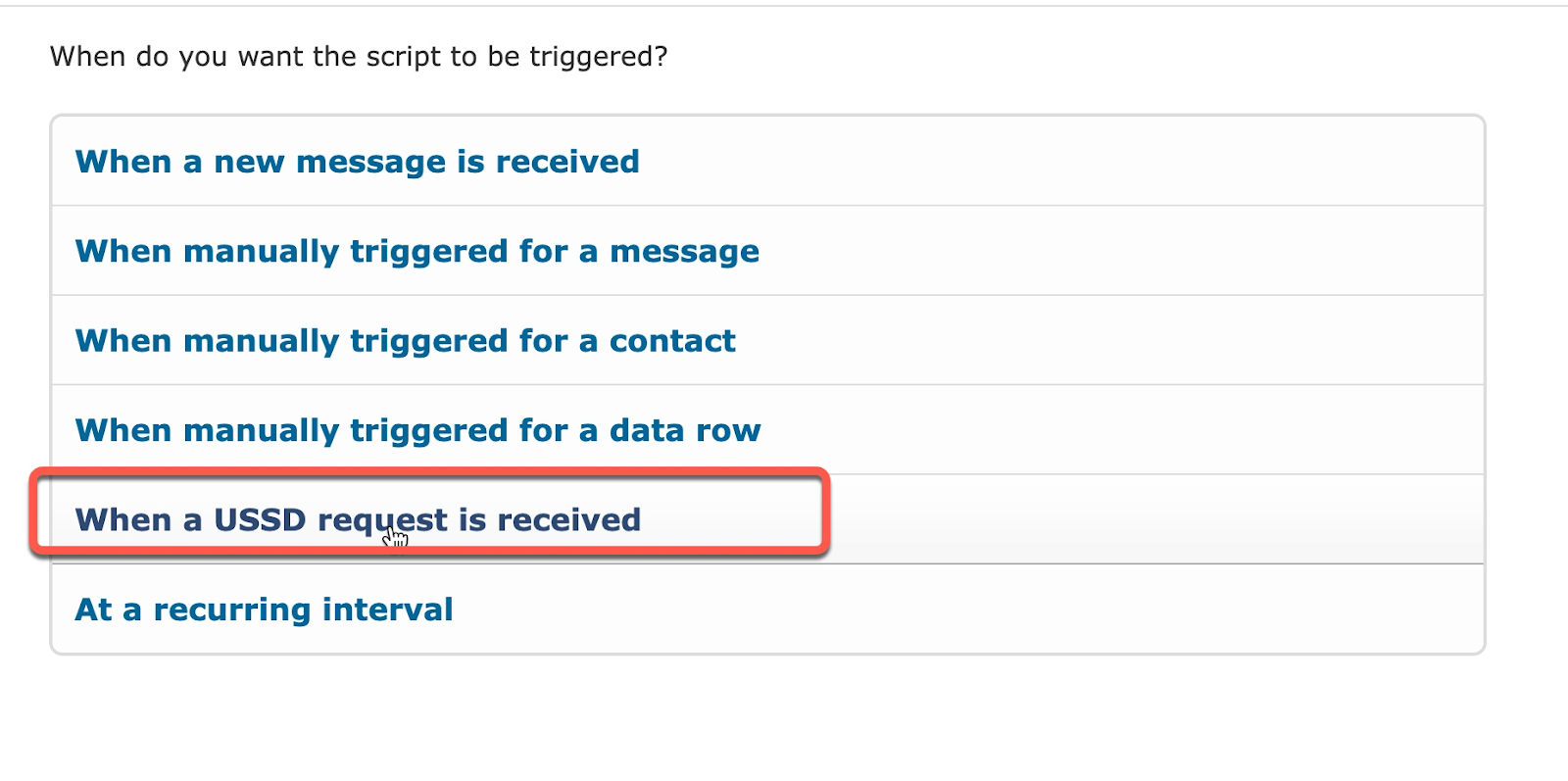 Telerivet select when a USSD request is received