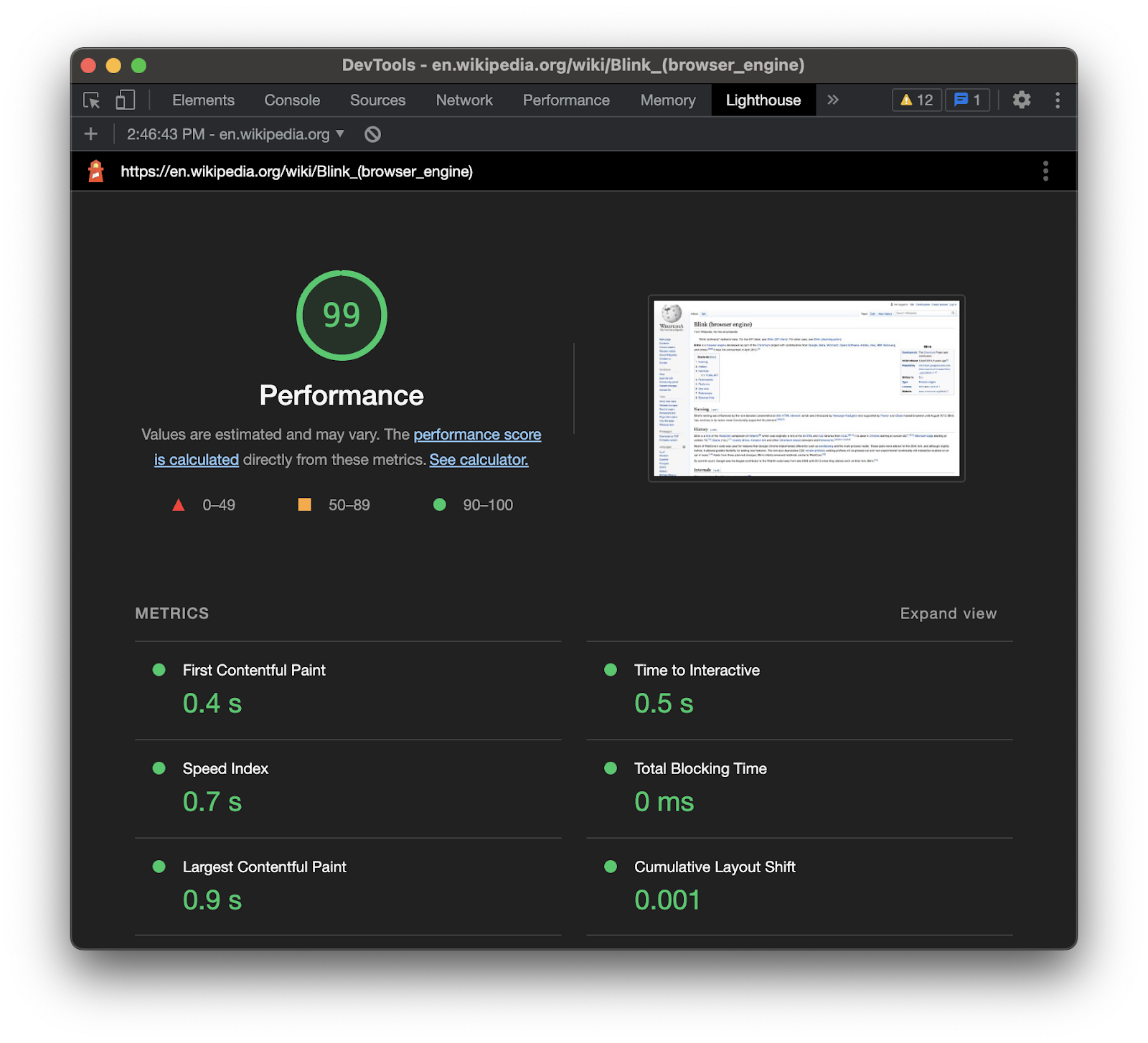 Results of a Lighthouse performance measurement in Chrome