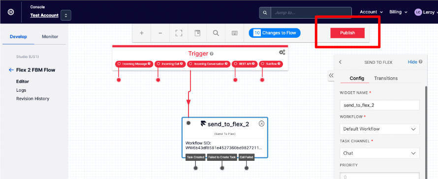 Publish button for a Studio flow