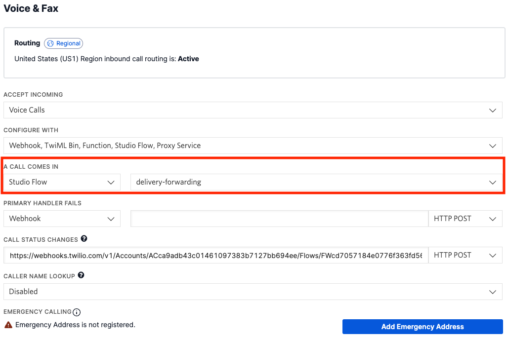 Voice & Fax configuration for your Twilio number