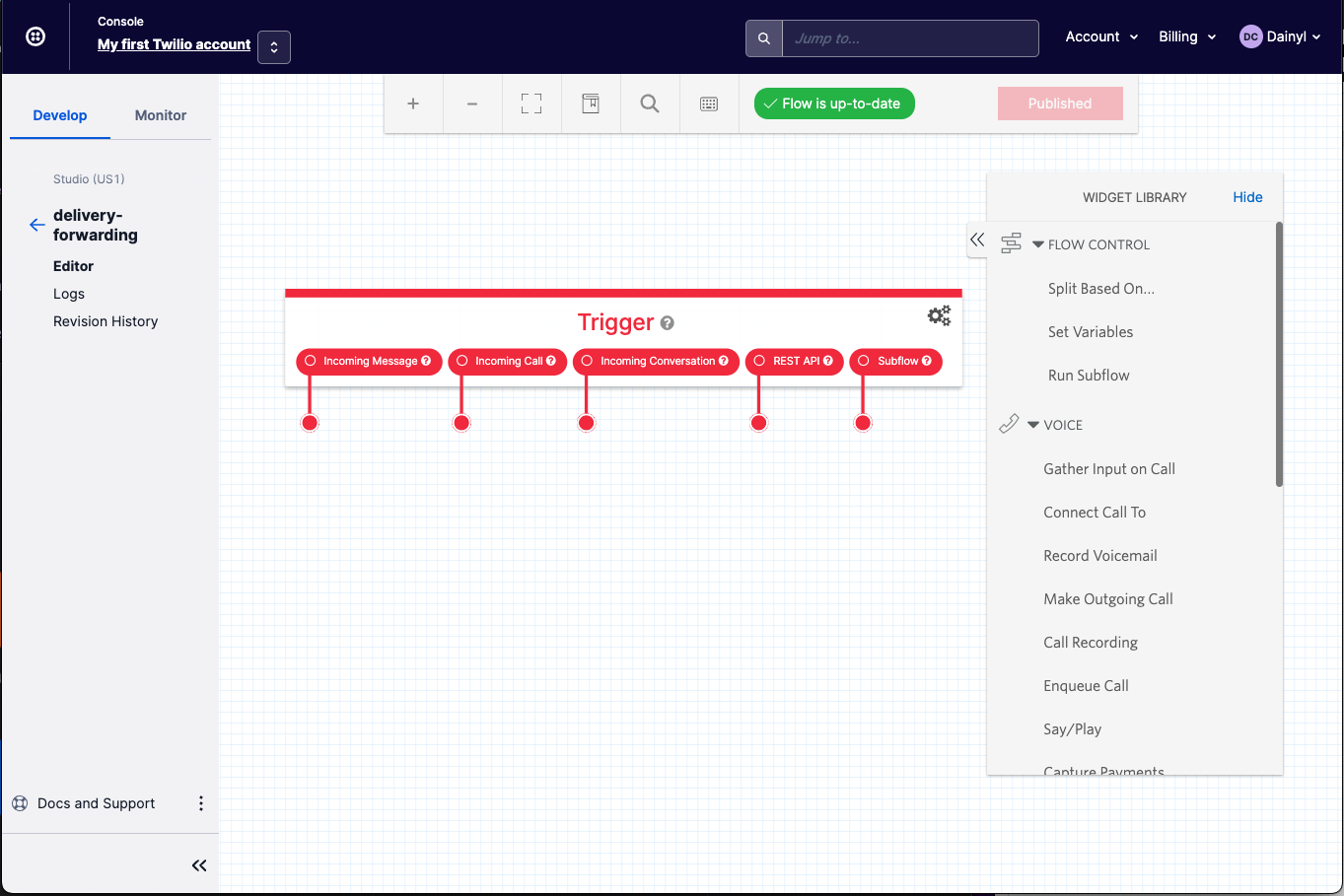 An empty Twilio Studio Flow page