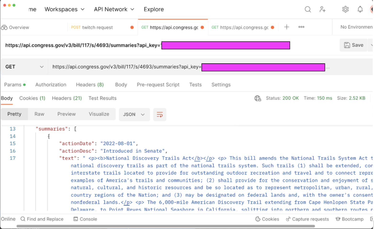 Postman example with API key blocked out