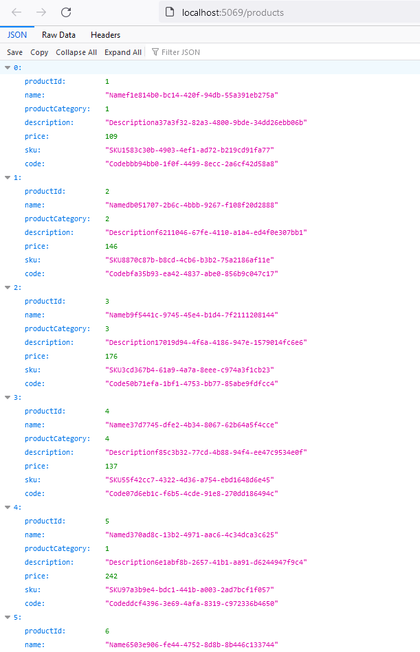 Browser displaying sample data from database