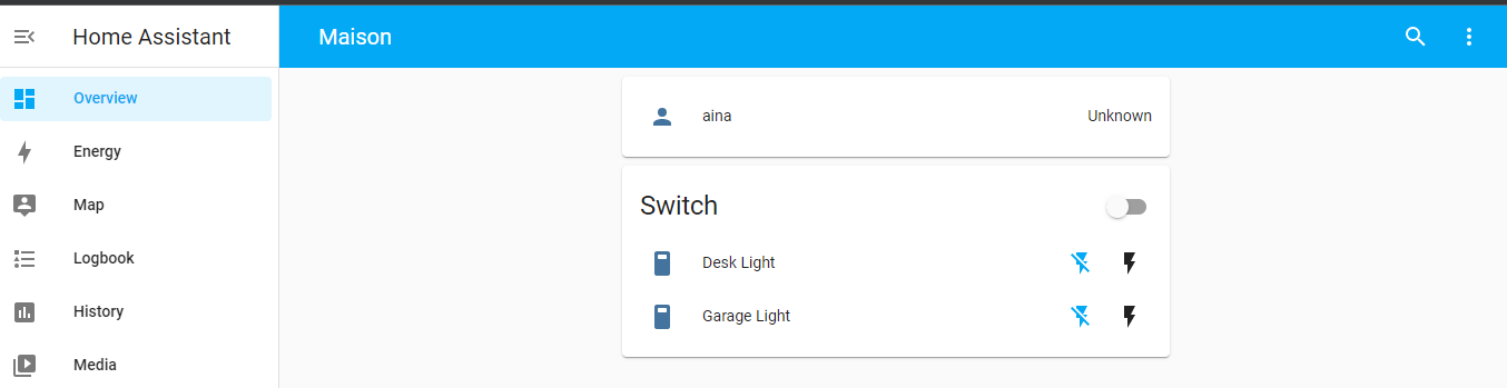 Two light switches on Home Assistant overview web page