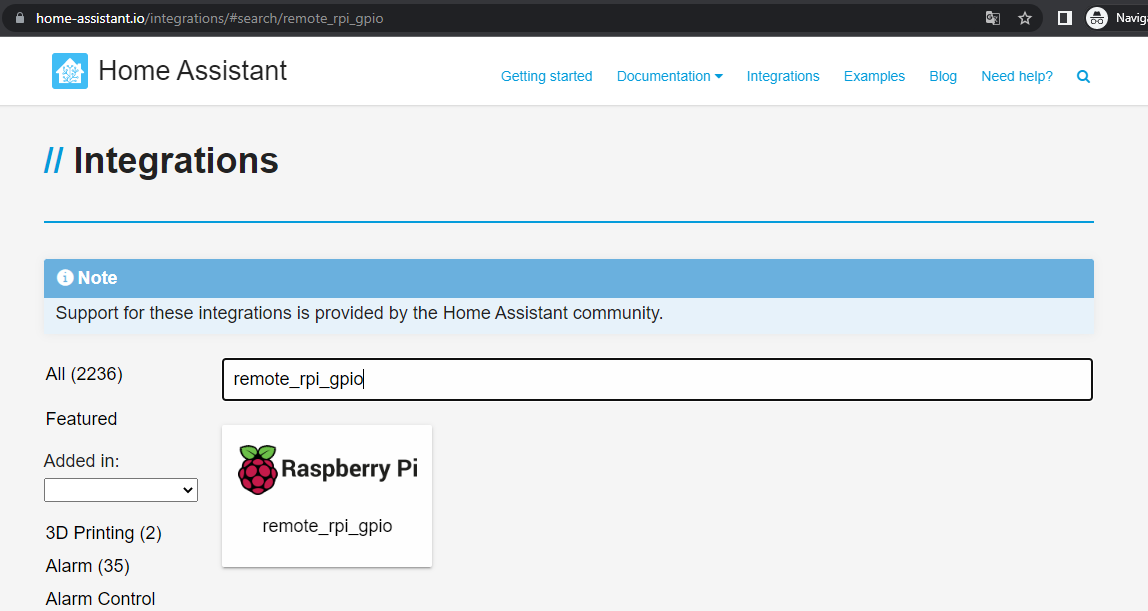 Search remote_rpi_gpio on Home Assistant integration page