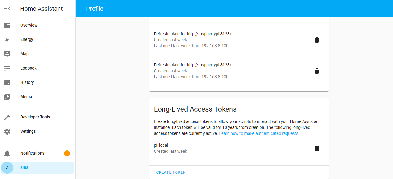 Home Assistant web page, allowing user to create access token