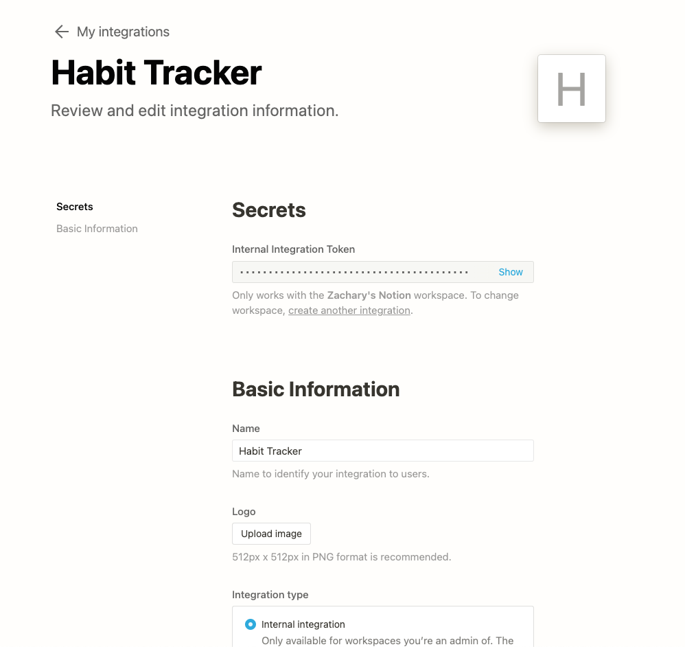 The detail page for the integration that contains the Internal Integration Token.