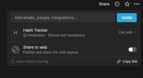 Sharing habit tracker integration. The share menu contains the name of the Habit Tracker integration after the database has been shared.