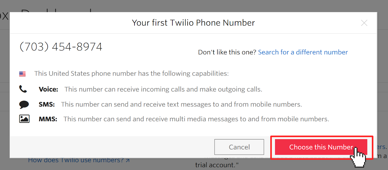 Modal in Twilio Console proposing a phone number. Pointer clicking on button "Choose this Number"