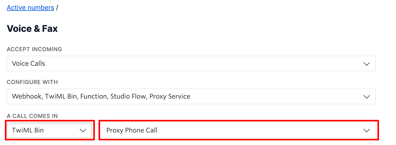 Configure Twilio Phone Number to respond with the "Proxy Phone Call" TwiML bin when a call comes in