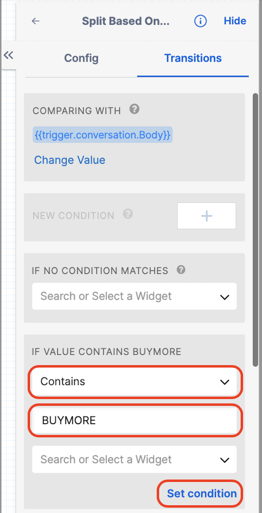 Set condition and using &#x27;Contains&#x27; in a Studio widget