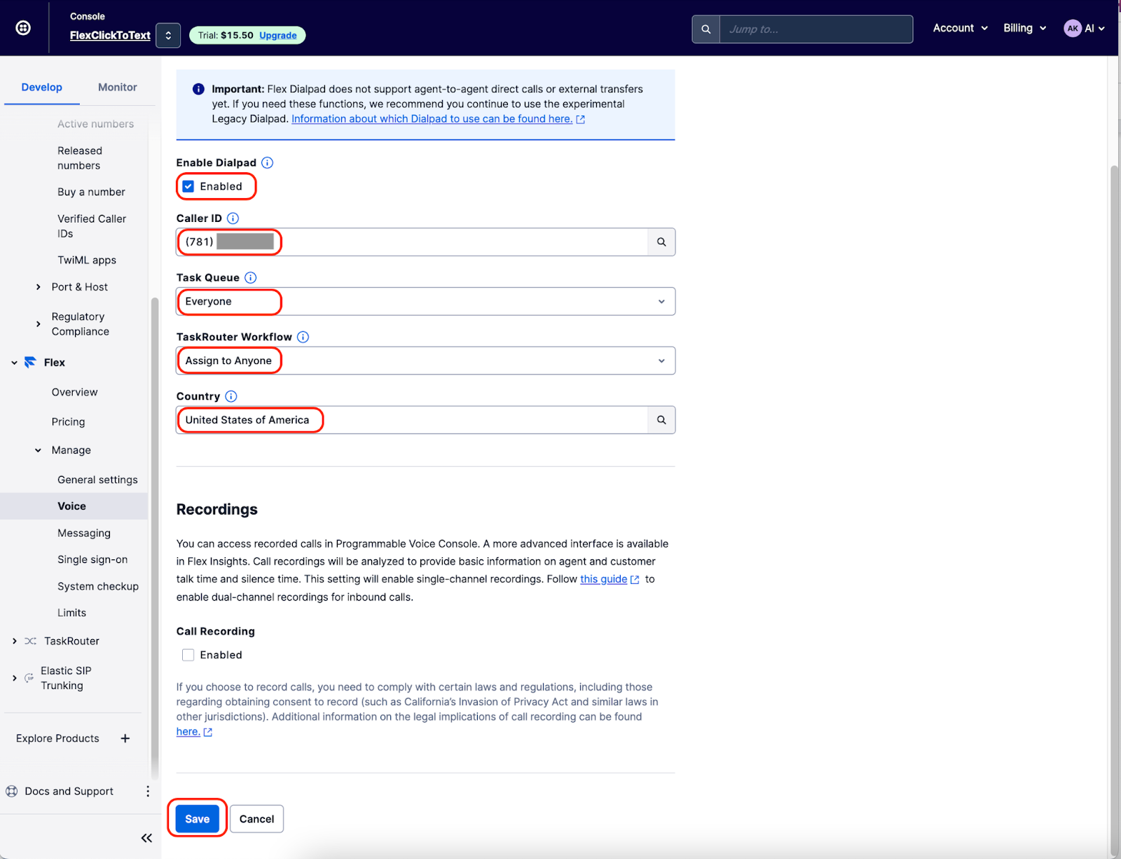 Setting up Voice in Flex