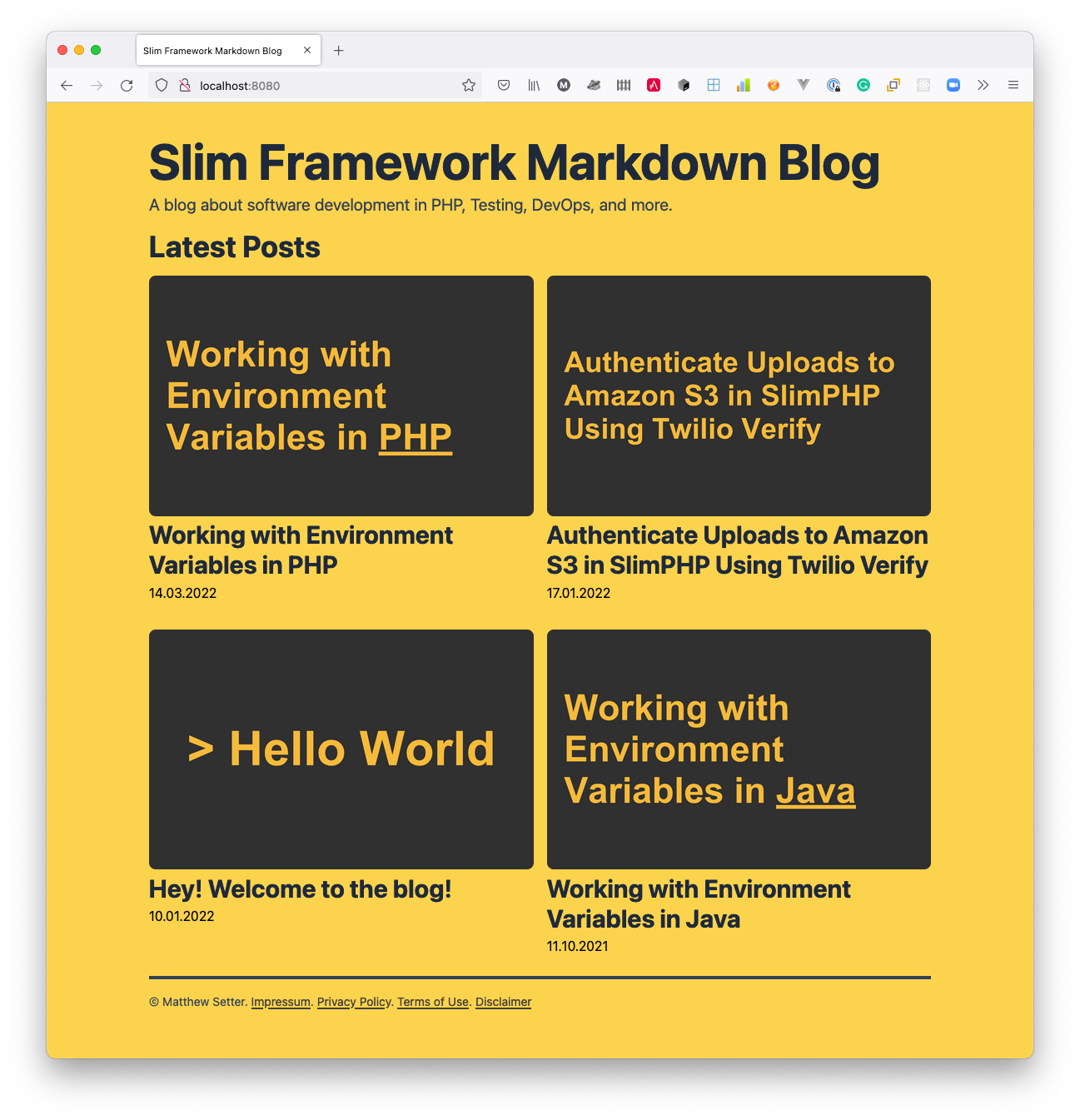 A web browser displaying a yellow page with multiple blog posts sorted by publish date.
