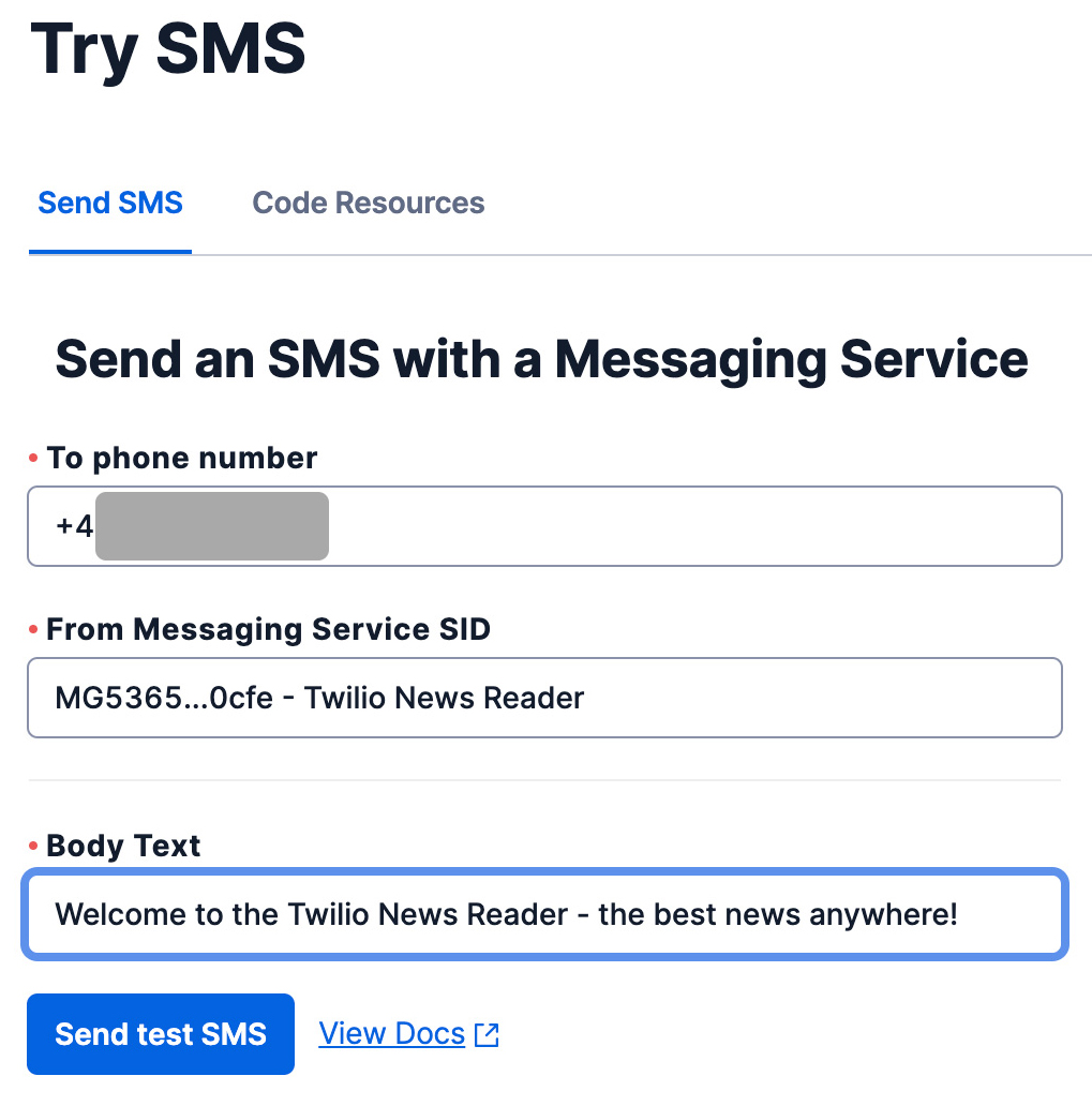 The Try SMS form filled out with the required details, ready to send a test SMS.