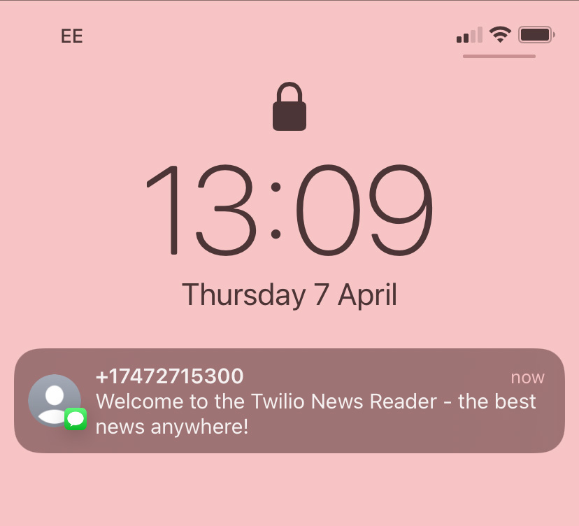 An example of the SMS that a user can receive after running the news feed app.