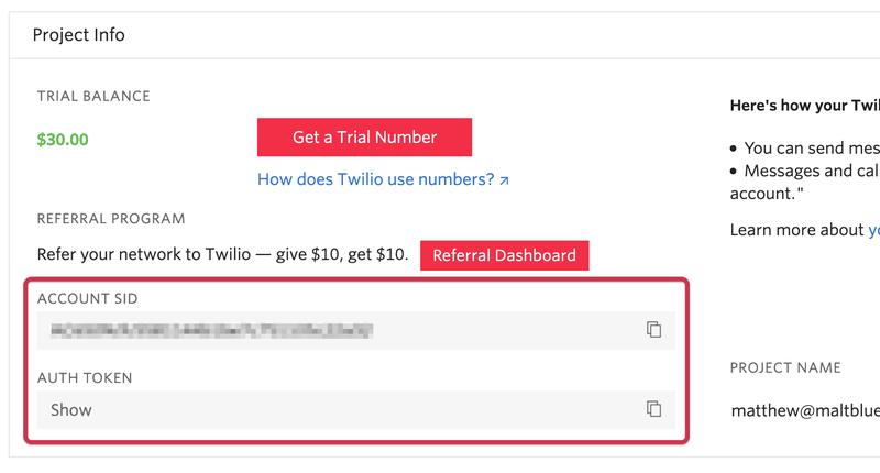 The Twilio Console dashboard Project Info section showing how to retrieve your Twilio auth token and account SID