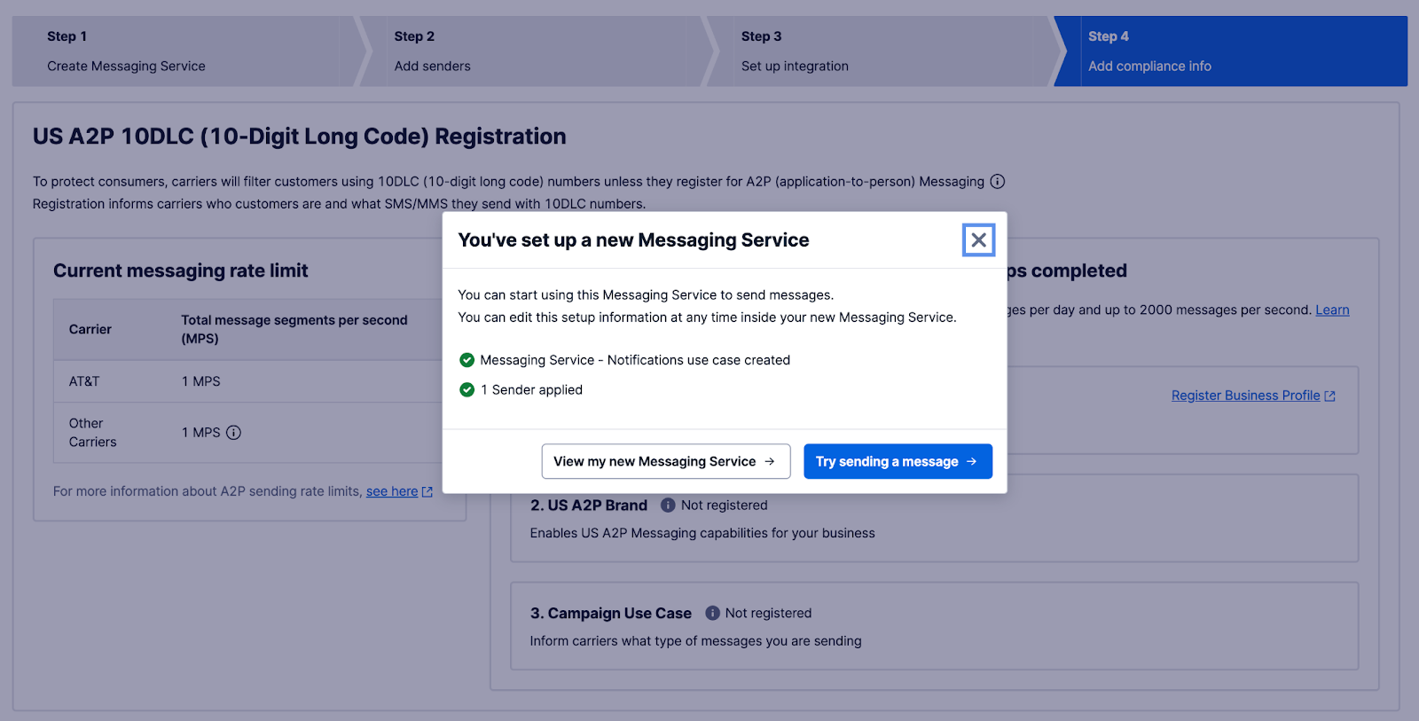 Step 4 of the Messaging Service Setup wizard, showing that it is completed.