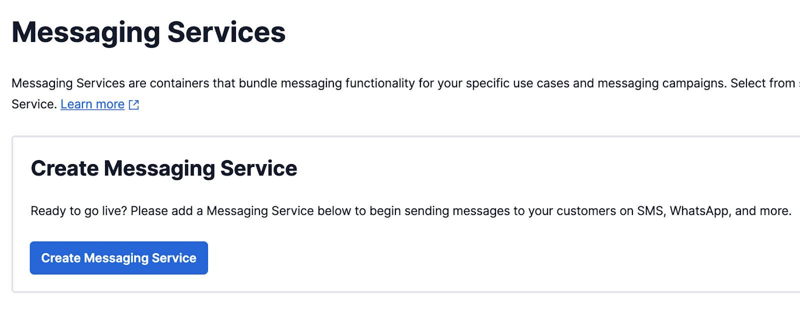 A small section of the Twilio Messaging Services home screen showing where to get started creating a messaging service