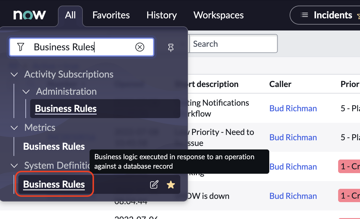 Setting ServiceNow business rules in the filter navigator