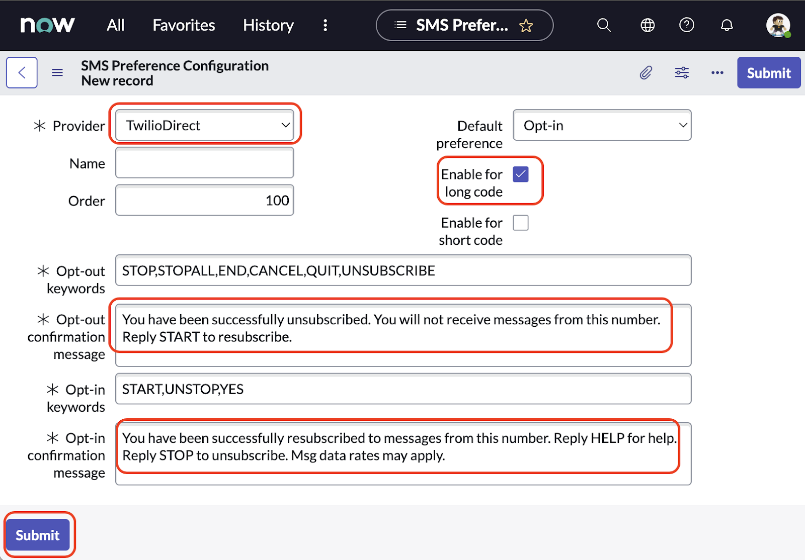 ServiceNow SMS preference configuration