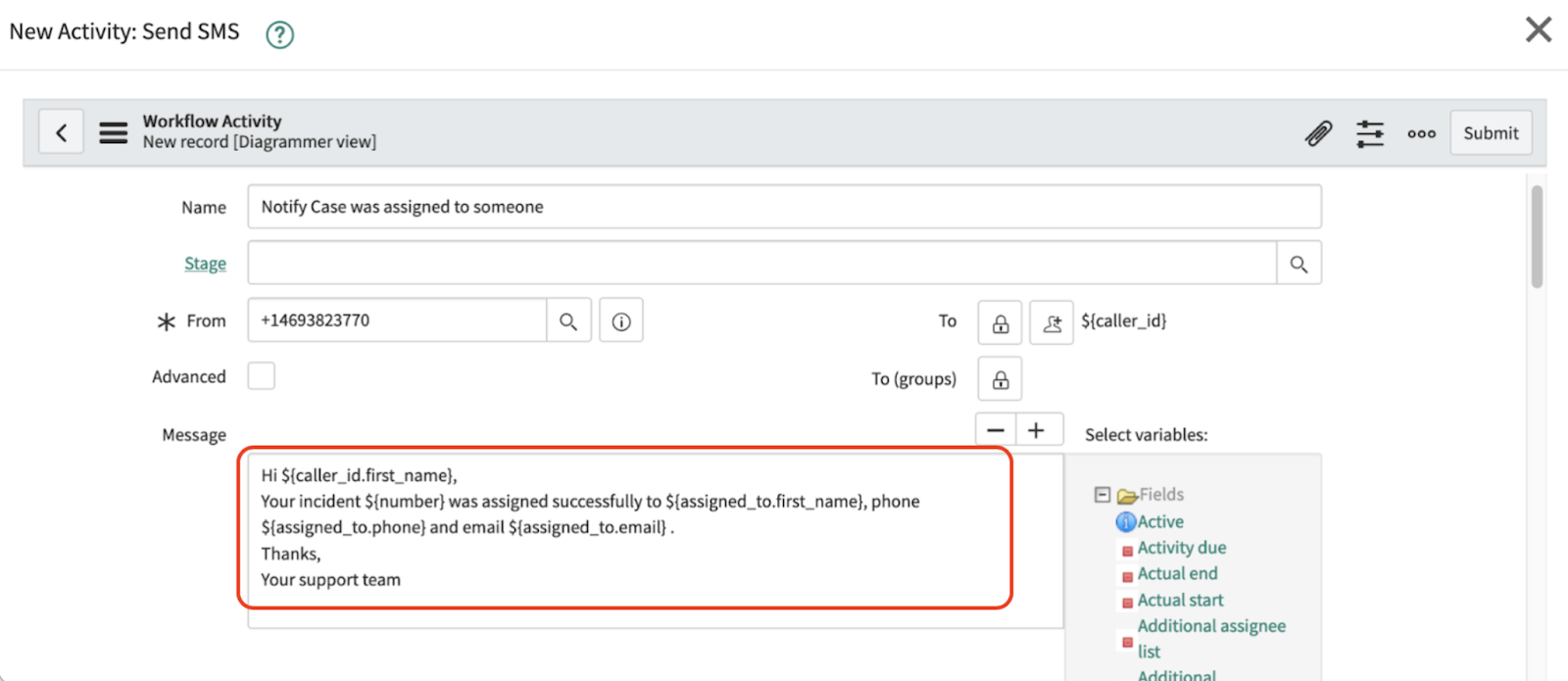 A ServiceNow SMS template