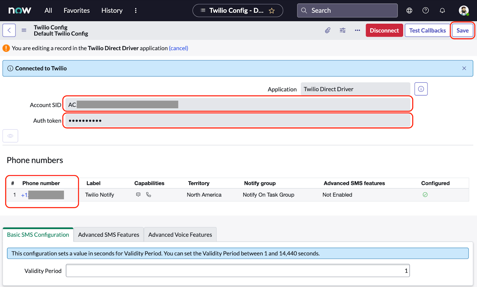 Adding Twilio Credentials and phone number to ServiceNow