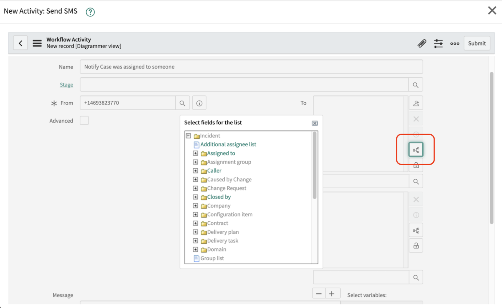 Select field icon in serviceNow Workflow