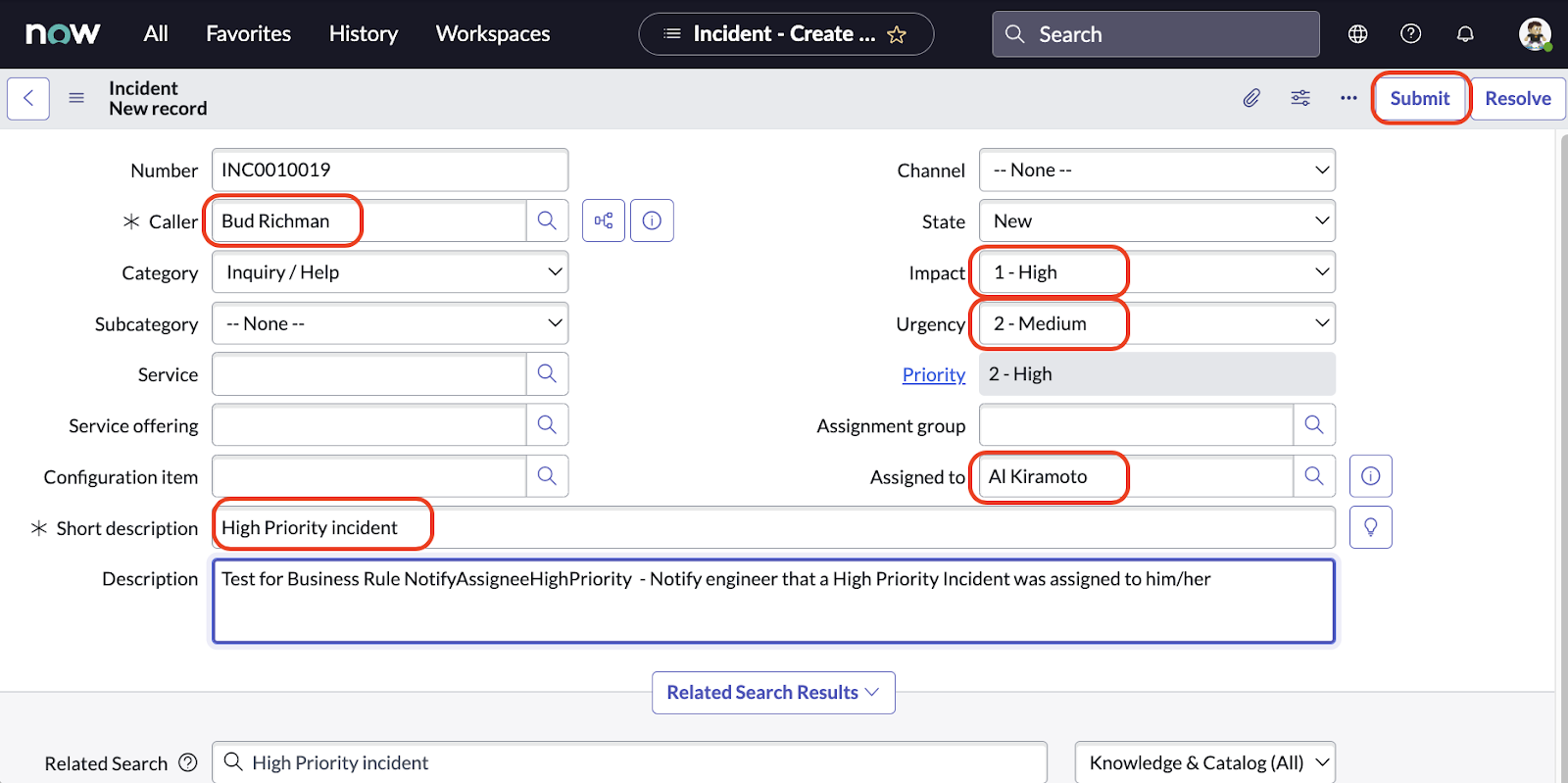 Test an incident with new business rules in ServiceNow with a Twilio integration